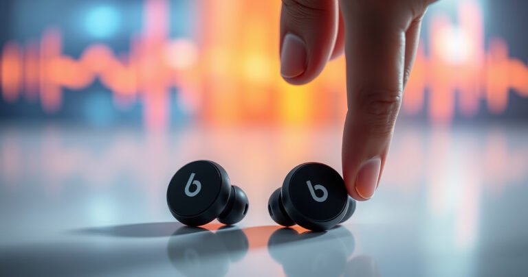 A close-up of sleek, modern Beats wireless earphones resting on a minimalist white surface, surrounded by soft, glowing light. The background features blurred, vibrant colors representing sound waves, while a gentle hand reaches towards the earphones, symbolizing the act of resetting them, emphasizing technology and user interaction.