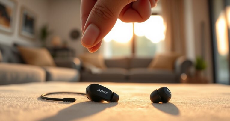 A close-up of sleek Bose earbuds resting on a soft, blurred background of a cozy living room. A gentle hand is poised above them, demonstrating the reset button. Warm, inviting light filters through a nearby window, highlighting the premium design and craftsmanship of the earbuds, evoking a sense of calm and clarity.