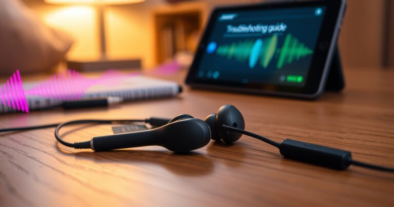A close-up of sleek Bose earbuds resting on a wooden table, surrounded by colorful sound waves visually emanating from them. In the background, a soft-focus digital device displays a troubleshooting guide. Warm, inviting lighting creates a cozy atmosphere, inviting readers to explore the world of sound and technology.