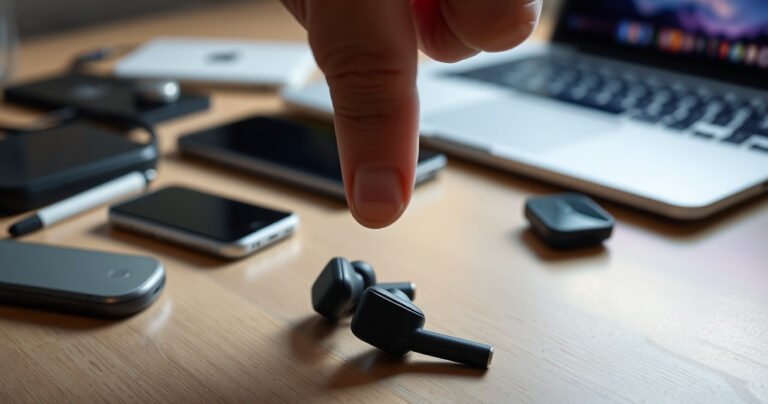 A close-up of a pair of sleek Bose QC 2 earbuds resting on a wooden table, surrounded by scattered tech gadgets and a glowing laptop screen. Soft ambient light highlights the earbuds’ glossy finish, while a hand reaches in to press a button, symbolizing a moment of tech troubleshooting and clarity.