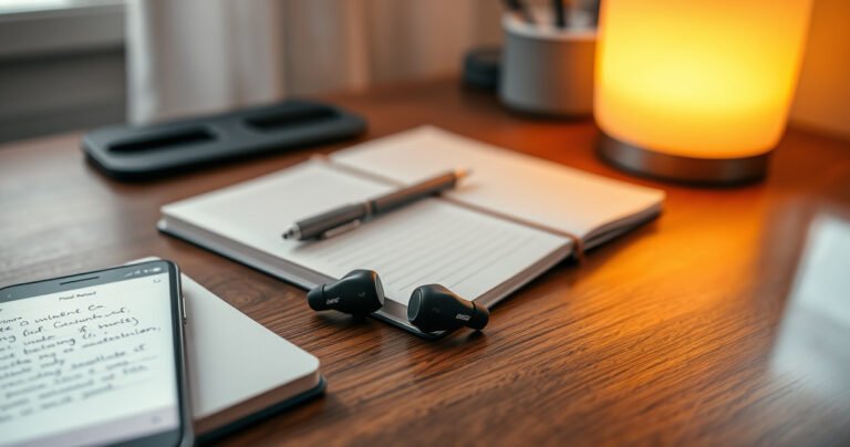 An inviting workspace featuring a pair of sleek Bose QC earbuds resting on a wooden desk, surrounded by a warm, glowing lamp and a notebook with handwritten notes, alongside a smartphone displaying an app, with soft light filtering through a nearby window, creating a calm, focused atmosphere for tech enthusiasts.