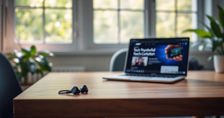A serene workspace featuring a sleek Bose QuietComfort Earbuds II on a minimalist wooden table, surrounded by a calming, soft-focus background of lush greenery and sunlight filtering through a window, emphasizing tranquility and focus, with an open laptop displaying a tech tutorial, creating an inviting atmosphere for learning and relaxation.