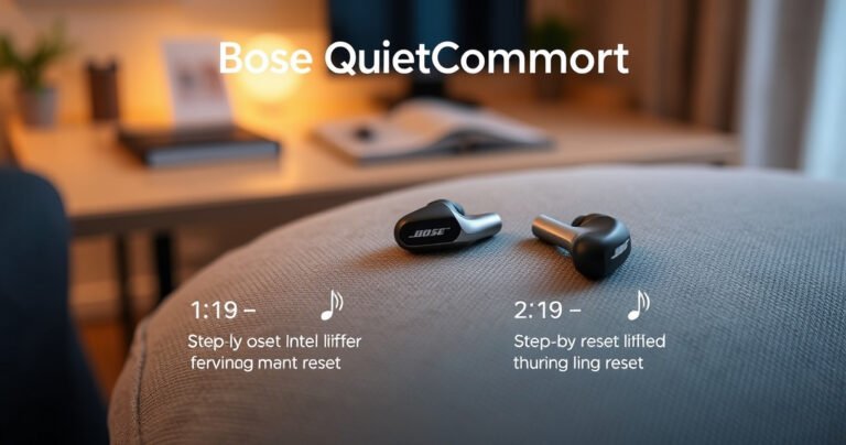 A close-up of sleek Bose QuietComfort earbuds resting on a soft, textured fabric surface, surrounded by illustrated step-by-step reset instructions in elegant typography. The background features a cozy, modern workspace with warm lighting, and a subtle hint of sound waves emanating from the earbuds, symbolizing their high-quality audio experience.