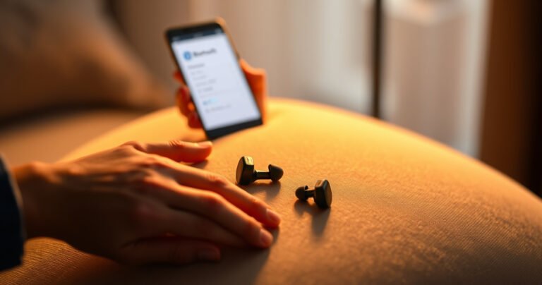 A sleek pair of wireless earbuds resting on a soft, inviting surface, illuminated by warm, ambient light. Surrounding the earbuds are subtle hints of technology: a smartphone displaying a Bluetooth settings screen and a gentle hand reaching out, ready to engage. The background is softly blurred, evoking a sense of calm and ease in the tech-savvy environment.