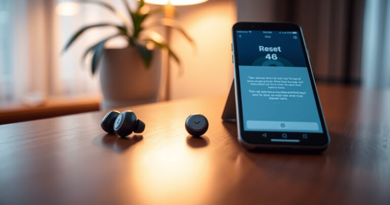 A pair of sleek, modern wireless earbuds resting on a polished wooden table, surrounded by a soft glow of warm light. Nearby, an open smartphone displaying an instruction screen, with a calming indoor plant in the background. The scene conveys tranquility and tech-savvy, inviting readers to explore the reset process.