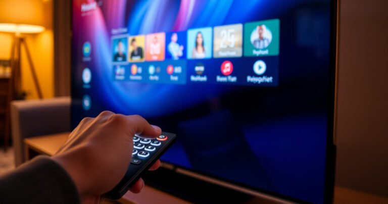 A close-up of a sleek Hisense Smart TV displaying a vibrant, user-friendly interface, with a hand poised over a remote control. Illuminated buttons glow softly, while a cozy living room ambiance surrounds, featuring a plush sofa and warm lighting, symbolizing the ease and comfort of resetting technology at home.