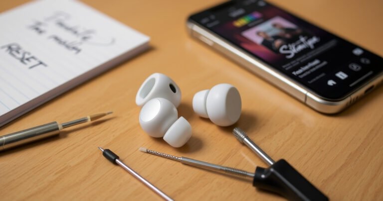 A close-up of sleek, modern TWS earbuds resting on a wooden table, surrounded by small tools like a screwdriver and a cleaning brush, with a soft glow highlighting their design. In the background, a notepad with scribbled reset instructions and a smartphone displaying a music app, conveying a sense of tech-savvy DIY troubleshooting.