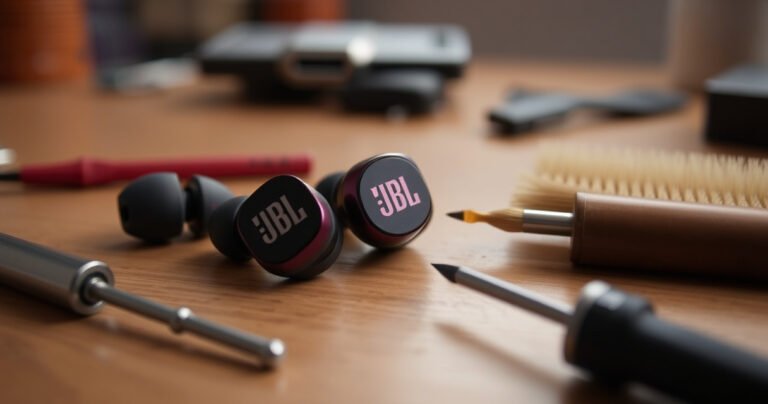 A close-up of a pair of sleek JBL earbuds resting on a wooden table, surrounded by small tools like a screwdriver and a brush. Soft, warm lighting highlights the earbuds' vibrant colors, while a blurred background hints at a cozy workspace, conveying a sense of repair and renewal.