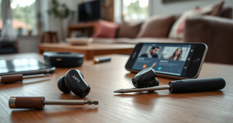 A close-up of sleek Jabra earbuds resting on a modern wooden table, surrounded by tools like a small screwdriver and a smartphone displaying a tutorial. Soft natural light filters in, highlighting the earbuds’ glossy finish, while a blurred background features a cozy living room, suggesting a tech-savvy, relaxing atmosphere.