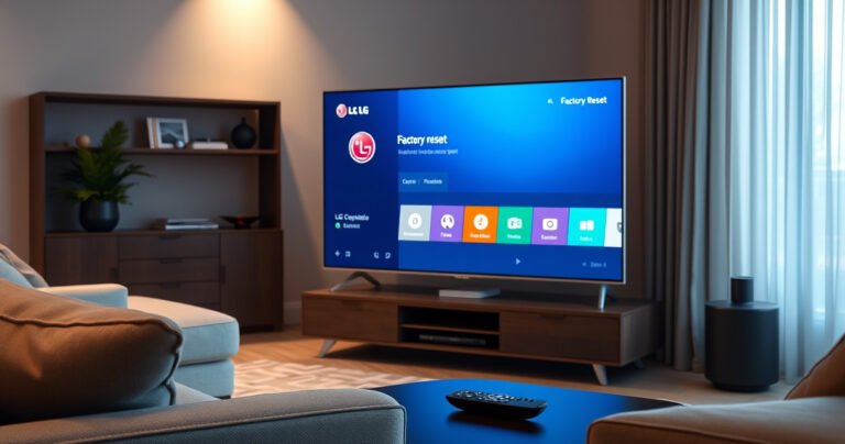 A sleek LG Smart TV displaying a serene, minimalist living room setting, surrounded by modern furniture. The screen shows a bright, engaging factory reset menu with clear icons. Soft, ambient lighting enhances the tech-savvy atmosphere, while a remote control rests nearby, symbolizing ease of use and user-friendly technology in a contemporary home.