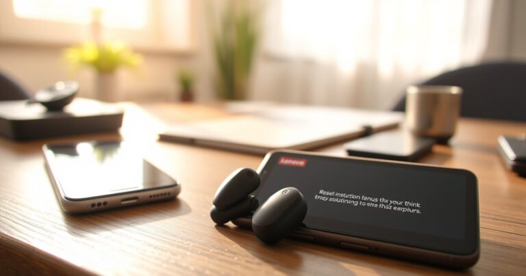 A close-up of sleek Lenovo ThinkPlus earbuds resting on a wooden table, surrounded by tech gadgets. Soft sunlight filters through a window, illuminating the earbuds. Nearby, a smartphone displays the reset instructions. In the background, a cozy, modern workspace is subtly blurred, creating an inviting atmosphere for tech enthusiasts seeking quick solutions.