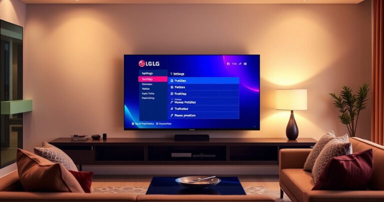 A sleek LG Smart TV on a modern living room wall, displaying a vibrant settings menu with highlighted options. Surrounding it are cozy furnishings, a glowing lamp, and a subtle plant. The atmosphere is inviting, with warm lighting and a hint of technology, symbolizing a seamless blend of comfort and innovation in home entertainment.