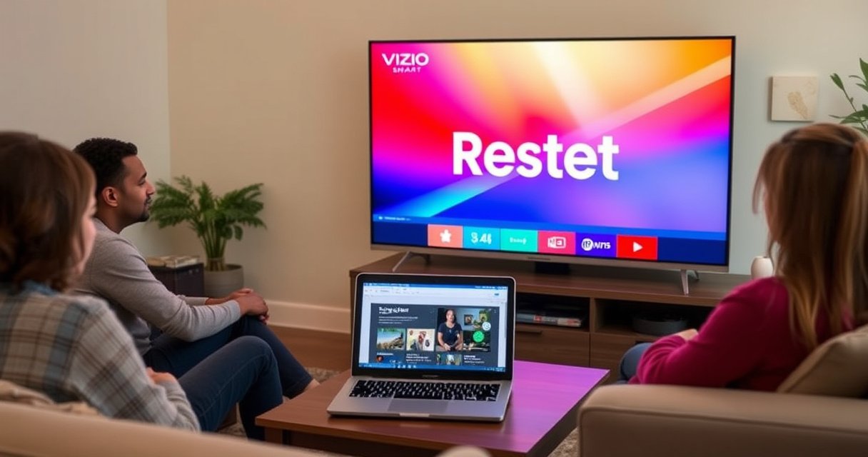 A cozy living room with a sleek Vizio Smart TV displaying a vibrant reset screen, surrounded by a comfortable couch and a coffee table with a laptop open to a tech guide. Soft, warm lighting creates an inviting atmosphere, while a family member is engaged in the process, showcasing a blend of technology and home warmth.