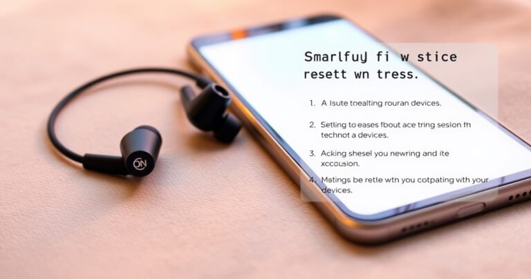 An elegant, close-up shot of ONN earbuds on a soft, textured surface, surrounded by a glowing smartphone and a step-by-step guide in a modern font. The scene is illuminated by a warm, soft light, creating a tech-savvy atmosphere, with subtle hints of relaxation and ease, inviting the viewer to learn about resetting their devices.