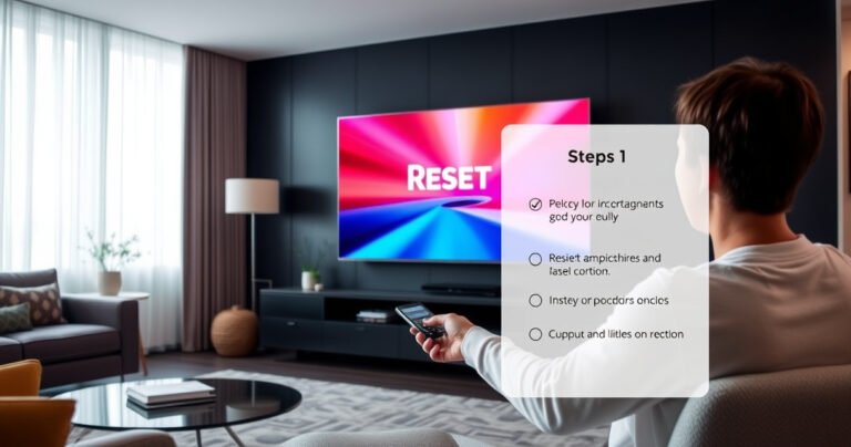 A sleek, modern living room showcasing a large Philips Smart TV displaying a vibrant reset screen. A friendly user, mid-action, is reaching for the remote, surrounded by cozy furnishings and soft lighting. A digital guide with clear steps is subtly integrated into the scene, embodying a sense of ease and clarity in technology.