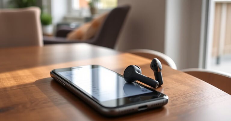 A close-up of sleek, modern QC earbuds resting on a stylish wooden table, surrounded by a cozy home environment. Soft, natural light filters through a nearby window, highlighting the earbuds’ elegant design. A smartphone with a visible settings menu sits beside them, suggesting a tech-savvy atmosphere perfect for a resetting guide.