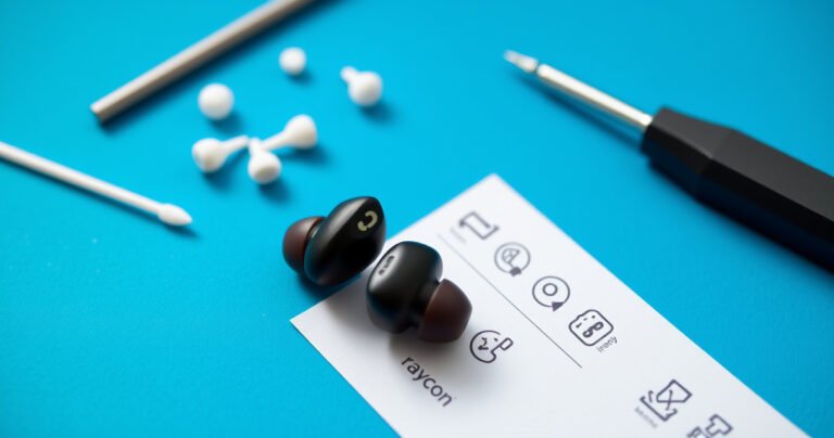 A close-up of a pair of sleek Raycon Everyday Earbuds resting on a vibrant blue background, surrounded by scattered tools like a tiny screwdriver and cotton swabs. A step-by-step instruction card lies next to them, featuring bold, clear icons and arrows. Soft light highlights the earbuds' glossy finish, evoking a sense of modern tech simplicity.