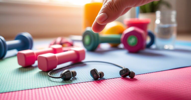 A close-up of stylish Raycon fitness earbuds resting on a vibrant workout mat, surrounded by colorful gym accessories like dumbbells, a water bottle, and a smoothie. Soft natural light filters through a nearby window, highlighting the sleek design of the earbuds while a hand reaches for them, symbolizing the journey to resetting and revitalizing your fitness experience.