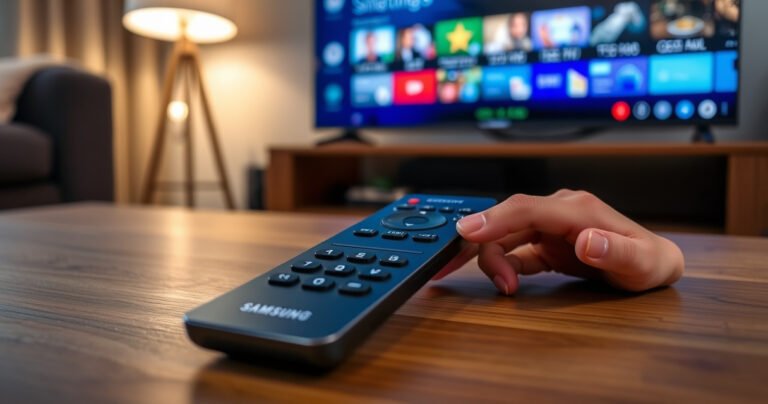 A close-up of a sleek Samsung Smart TV remote resting on a wooden coffee table, surrounded by a cozy living room setting, with a soft glow from a lamp in the background and a blurred TV screen displaying vibrant settings. A hand gently reaches for the remote, suggesting an inviting atmosphere for troubleshooting.