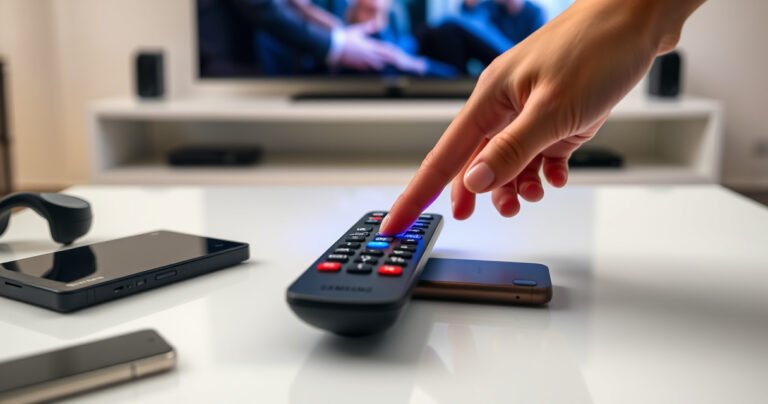 A close-up of a modern Samsung Smart TV remote control resting on a sleek coffee table, surrounded by scattered tech gadgets and a glowing television screen in the background. The remote is highlighted with a faint blue light, emphasizing its sleek design, while a pair of hands is poised to press a button, symbolizing action and resolution.
