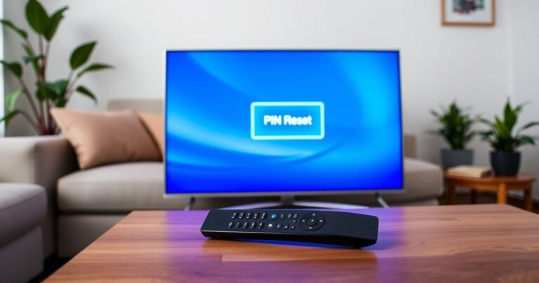A sleek Samsung Smart TV displaying a vibrant blue screen with a glowing "PIN Reset" icon, surrounded by a modern living room setting. A stylish black smart remote rests on a wooden coffee table, with a cozy couch and potted plants in the background, conveying a sense of tech-savvy home comfort and accessibility.