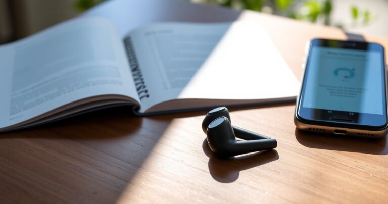 A close-up of sleek, modern TWS earbuds resting on a wooden table, surrounded by an open user manual and a smartphone displaying troubleshooting steps. Soft natural light casts gentle shadows, highlighting the earbuds’ glossy finish. A calming background of blurred greenery hints at a tech-savvy, serene environment, inviting readers to explore the article.