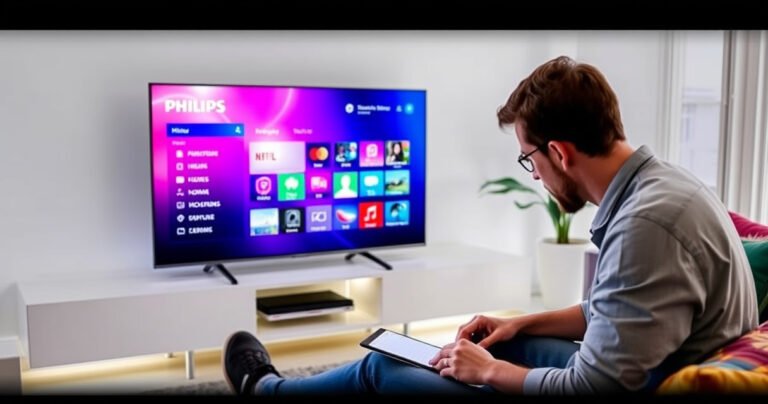 A sleek, modern living room showcasing a glowing Philips Smart TV displaying a vibrant menu screen. A person, casually dressed, is intently focused on the remote, with a notepad beside them. Soft lighting highlights a cozy atmosphere, with colorful cushions and a potted plant in the background, emphasizing the ease of resetting technology at home.