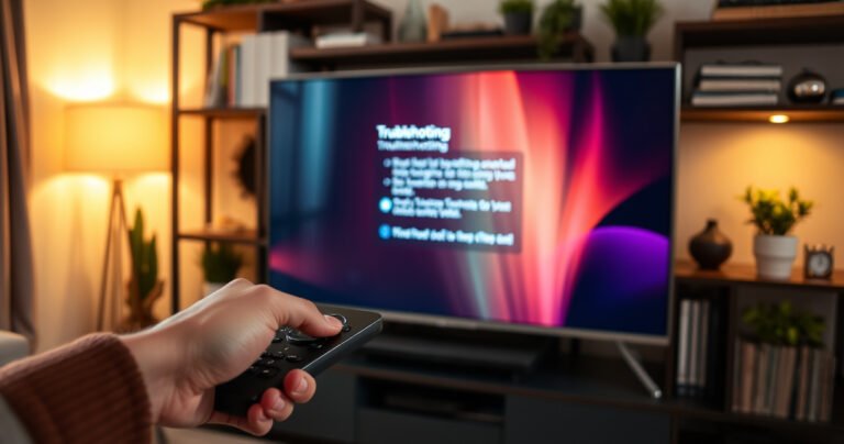 A close-up of a sleek, modern smart TV displaying a vibrant troubleshooting screen, surrounded by a cozy living room setting. A person’s hands are poised over a remote, ready to press a button. In the background, soft warm lighting flickers, highlighting a stylish entertainment center adorned with books and plants.