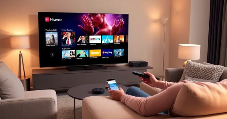 A modern living room featuring a sleek Hisense Smart TV displaying vibrant channel options, surrounded by cozy furniture and warm lighting. A person sits comfortably on the couch, holding a remote, engaged in the scanning process. Subtle hints of technology, such as a smartphone and streaming device, complement the inviting atmosphere.