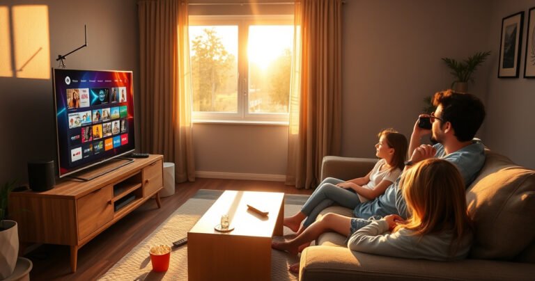 A cozy living room scene with a modern smart TV displaying vibrant digital channels, an antenna perched on a stylish shelf, and a family gathered on a comfortable couch, eagerly exploring the colorful screen. Sunlight filters through a window, casting warm hues, while scattered remotes and popcorn hint at an enjoyable viewing experience.