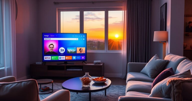 A cozy living room featuring a sleek Samsung Smart TV displaying a colorful channel scan screen. Soft lighting illuminates plush furniture, with a modern coffee table holding a remote and snacks. A window reveals a glimpse of a sunset, casting warm hues throughout the room, evoking a sense of comfort and technology.