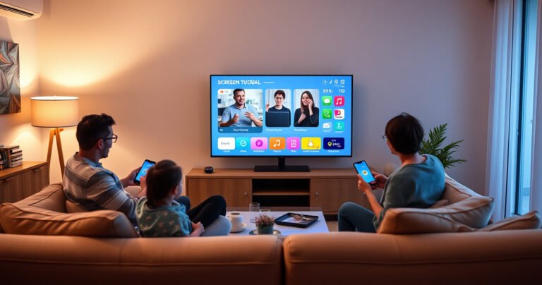 A cozy living room with a sleek smart TV showcasing a vibrant screen sharing tutorial, surrounded by a family happily interacting with their devices, colorful icons illustrating connectivity, soft ambient lighting highlighting a stylish sofa and modern decor, creating an inviting atmosphere for tech-savvy readers eager to learn.