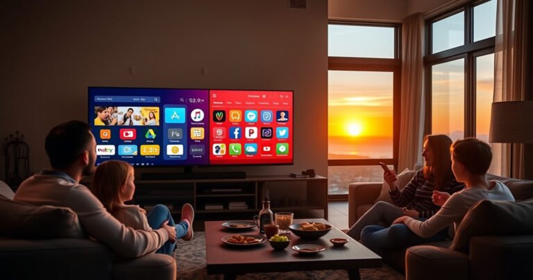 A cozy living room with a sleek Samsung Smart TV displaying a vibrant app store interface, surrounded by a family engrossed in exploring apps together, soft ambient lighting creating a warm atmosphere, a coffee table filled with snacks, and a large window showing a sunset outside, blending technology with family bonding.