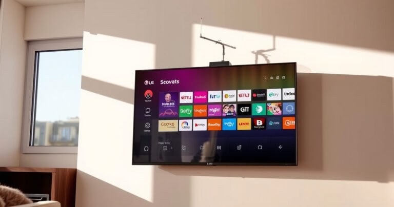A sleek LG Smart TV mounted on a modern wall, displaying a vibrant menu of channels, with a shiny antenna perched elegantly nearby. Sunlight streams through a nearby window, casting warm reflections on the TV screen, while a cozy living room setting invites viewers to imagine seamless entertainment at home.