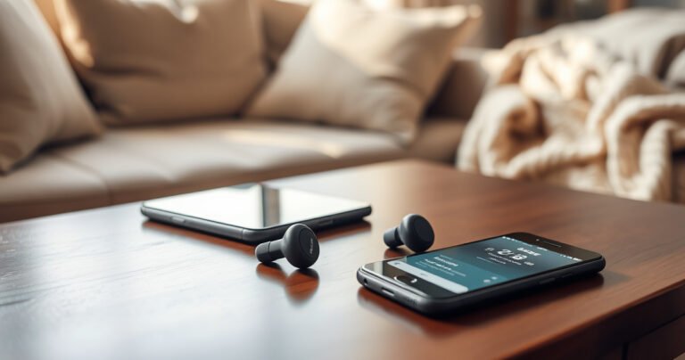 A sleek pair of Bose earbuds elegantly resting on a polished wooden table, next to an open iPhone displaying Bluetooth settings. Soft, warm light filters through a nearby window, illuminating the earbuds’ glossy surface. In the background, a cozy living room setting with plush cushions and a soft throw invites a sense of comfort and modern technology.