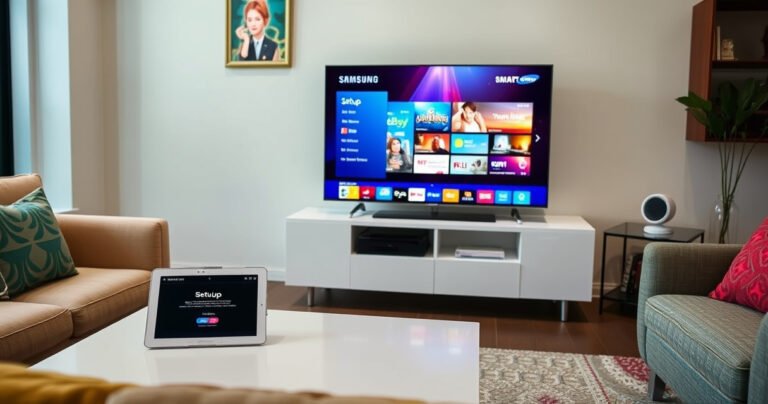 A cozy living room scene featuring a sleek Samsung Smart TV on a modern stand, surrounded by an inviting sofa and colorful decor. A tablet displaying setup instructions rests on a coffee table. Soft ambient lighting highlights the TV screen showing vibrant apps and a user-friendly interface, inviting viewers into a world of entertainment.