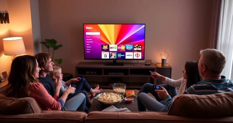 A cozy living room with a modern smart TV displaying the Roku interface, vibrant colors lighting up the screen. A family happily gathers on a plush sofa, remote controls in hand, surrounded by popcorn and snacks. A warm ambiance from soft lighting enhances the inviting atmosphere, showcasing the excitement of streaming entertainment together.