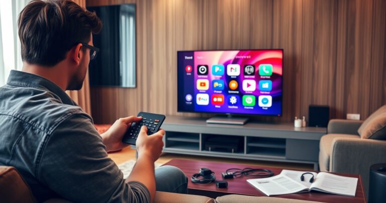 A cozy living room with a sleek smart TV showcasing vibrant, colorful icons on its screen, surrounded by an inviting sofa and a stylish coffee table. A user holding a remote control looks thoughtfully at the TV, while an open manual and various cables lie nearby, emphasizing a warm, tech-savvy atmosphere without internet connectivity.
