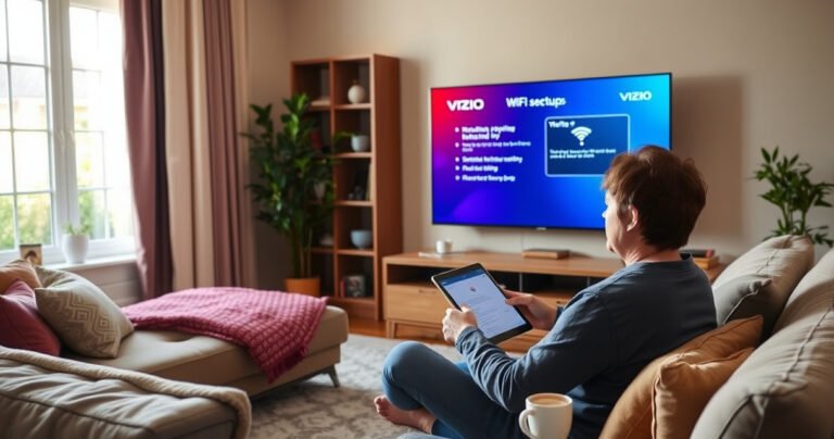 A cozy living room with a sleek Vizio Smart TV displaying a colorful WiFi setup screen, surrounded by a plush couch, soft pillows, and a warm ambiance. A person sits cross-legged, intently following instructions on a tablet, with a coffee mug nearby and a window letting in soft afternoon light.