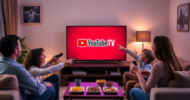 A cozy living room featuring a modern smart TV displaying the YouTube TV logo, surrounded by a comfortable couch, snacks on a coffee table, and warm ambient lighting. A family of four is gathered around, excitedly pointing at the TV screen while holding remote controls, embodying the joy of streaming together.