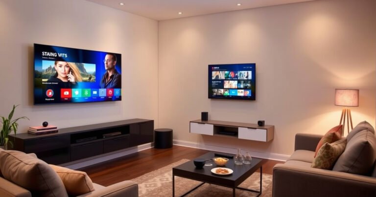 A modern living room featuring a sleek Samsung Smart TV mounted on a stylish wall, vibrant streaming interface displayed, cozy sofa with colorful cushions, a cozy rug beneath, soft ambient lighting, and a coffee table with remote controls and snacks, creating an inviting atmosphere for tech-savvy viewers ready to learn.