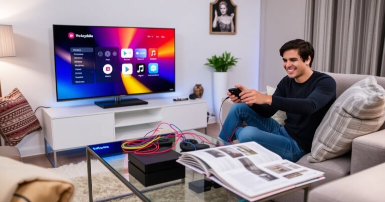 A cozy living room with a sleek smart TV displaying a vibrant home screen, surrounded by a comfortable couch and decorative pillows. A person joyfully connects devices with colorful cables, while a guidebook lies open on a stylish coffee table. Soft ambient lighting enhances the modern decor, creating an inviting atmosphere for tech enthusiasts.