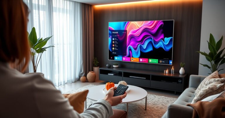 A sleek living room with a modern smart TV displaying a vibrant, abstract wallpaper design. Soft ambient lighting reflects off stylish furniture, while a person effortlessly navigates the TV menu using a remote. Decorative plants and cozy accents create a warm atmosphere, illustrating the ease of personalizing digital spaces.