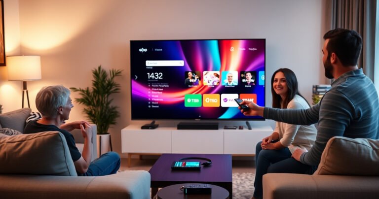 A modern living room with a sleek smart TV displaying a vibrant home screen, surrounded by cozy furniture. A friendly family member is connecting cables while another is holding a remote, showcasing user-friendly interface icons. Soft ambient lighting fills the room, with a hint of a tech gadget on a side table, creating a warm, inviting atmosphere.