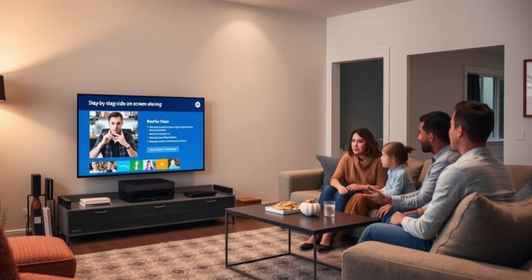 A cozy living room with a sleek smart TV displaying a vibrant, step-by-step guide on screen sharing. A family gathers on a plush couch, engaged in a lively discussion, while a modern coffee table holds snacks and drinks. Soft lighting casts a warm glow, enhancing the inviting atmosphere of shared technology and connection.