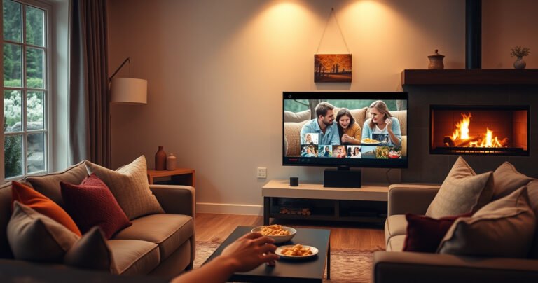 A cozy living room scene featuring a sleek smart TV displaying vibrant iPhone photos of nature and family moments. Soft, warm lighting fills the space, with a comfortable couch adorned with colorful cushions, a coffee table with snacks, and a glowing fireplace in the background, creating an inviting atmosphere for sharing memories.