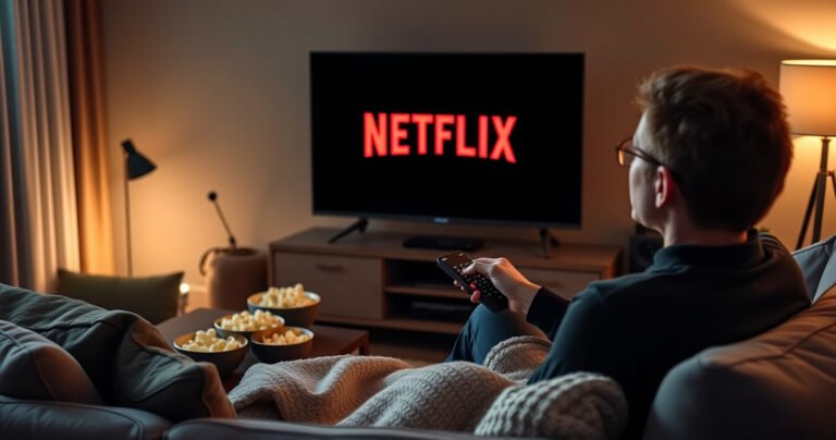 A cozy living room scene featuring a sleek LG Smart TV displaying the Netflix logo, surrounded by a plush sofa, popcorn bowls, and soft ambient lighting. A person is using a remote control, looking thoughtfully at the screen, with a warm blanket draped over their lap, evoking a sense of relaxation and entertainment.