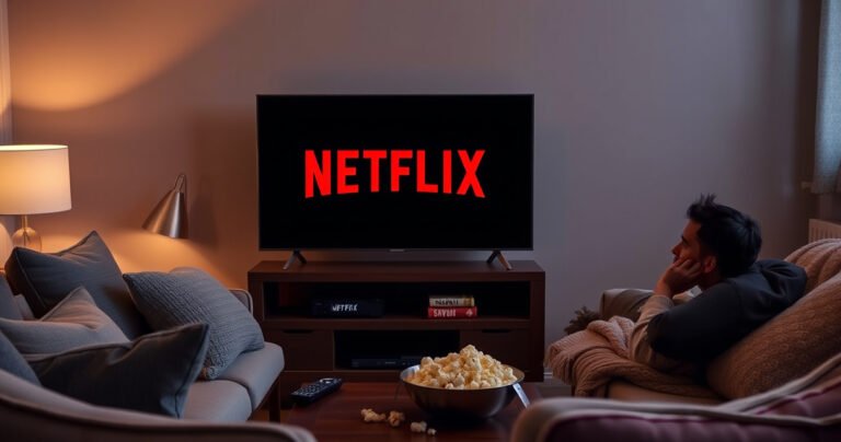 A cozy living room with a Samsung Smart TV displaying the Netflix logo, surrounded by soft pillows and a warm blanket. A bowl of popcorn rests on a coffee table, and a remote control lies nearby. Dim ambient lighting creates an inviting atmosphere, hinting at a movie night about to start, with a hint of confusion on a user's face.