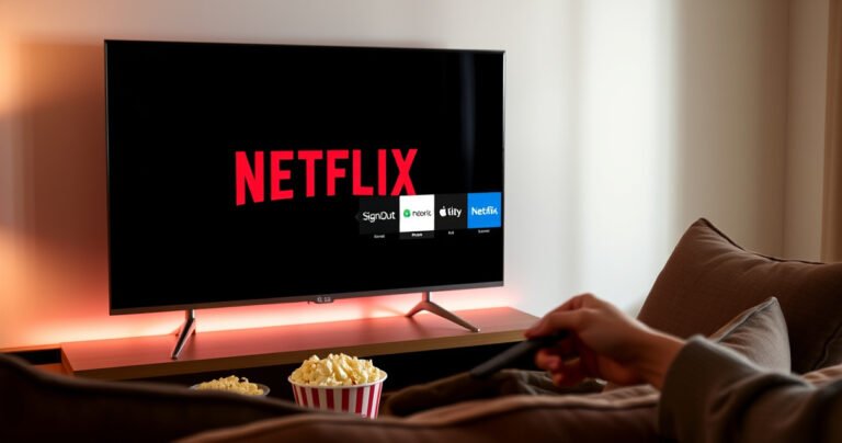 A sleek LG smart TV displaying the Netflix logo, surrounded by a cozy living room setting. Soft lighting casts a warm glow on a plush sofa, with a bowl of popcorn and a remote control nearby. A person’s hand hovers near the TV screen, ready to sign out, conveying a sense of ease and comfort.