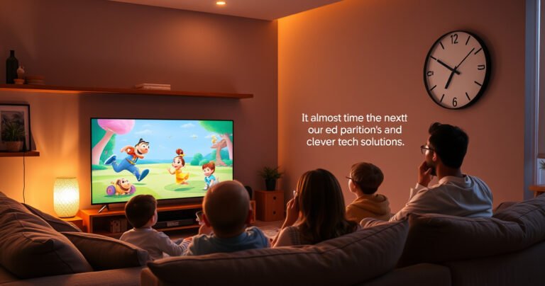 A cozy living room with a family gathered around a sleek smart TV, engrossed in a colorful animated movie. The screen displays a playful scene, while a large clock on the wall indicates it’s almost time for the next ad. Warm lighting, plush cushions, and snacks create a relaxed atmosphere, hinting at clever tech solutions.